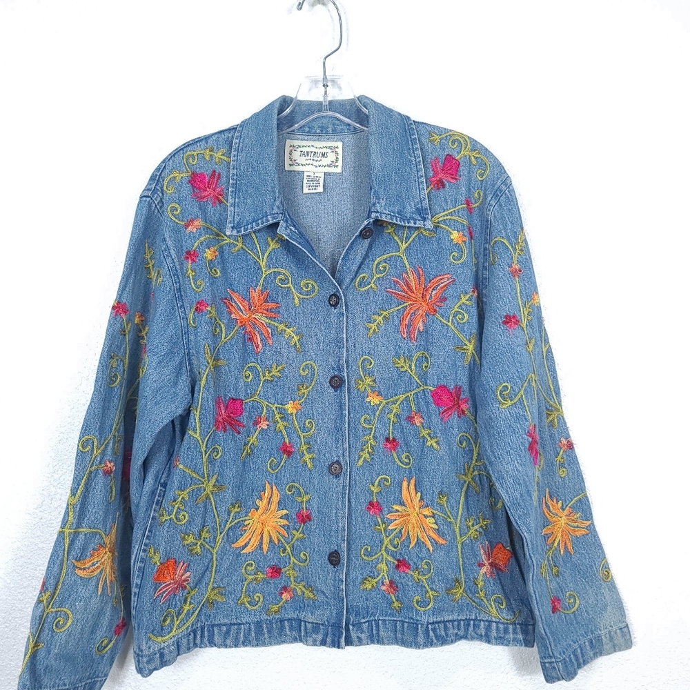 Tantrums Blue Denim Button-Down Jacket with Orange & Red Floral Embroidery - Picture 3 of 13